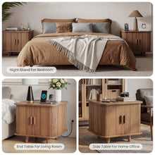 Charger l'image dans la galerie, 24" Square End Table with Storage & Charging Station, Fluted Design, sofa side table with sliding door, Mid-Century Modern Nightstand for Living Room, Bedroom, Walnut