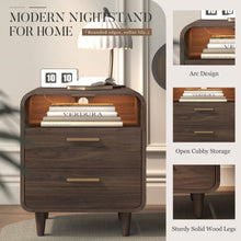 Cargar imagen en el visor de la galería, Easyego Mid-Century Modern Nightstand with Charging Station, Bedside Table w/ 2 Drawers and Open Shelves, Side Table and End Table for Bedroom and Living Room, Curved Design, LED Light(Dark Brown)