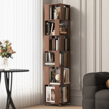 Load image into Gallery viewer, Easyego 6-Tier Wood Rotating Bookshelf with Wheels and 360° Swivel, Narrow Rotating Storage Bookcase Tower for Children and Adults, Spinning Bookshelf for bedrooms, and Living Rooms, Walnut