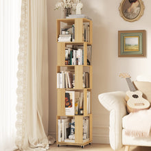 Load image into Gallery viewer, 5 Tier Solid Wood Rotating Bookshelf Tower on Wheels, 360° Upgrade Spinning Book Shelf, Revolving Bookcase Organizer, Swivel Bookshelves for Small Spaces, Corner, Bedroom, Kids Room, Office (Natural)