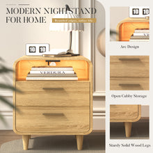 Cargar imagen en el visor de la galería, Easyego Mid-Century Modern Nightstand with Charging Station, Bedside Table w/ 2 Drawers and Open Shelves, Side Table and End Table for Bedroom and Living Room, Curved Design, LED Light(Natural)