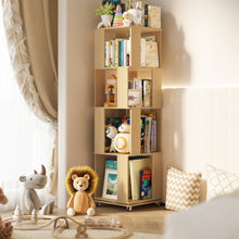 Load image into Gallery viewer, 4 Tier Solid Wood Rotating Bookshelf Tower on Wheels, 360° Upgrade Spinning Book Shelf, Revolving Bookcase Organizer, Swivel Bookshelves for Small Spaces, Corner, Bedroom, Kids Room, Office (Natural)