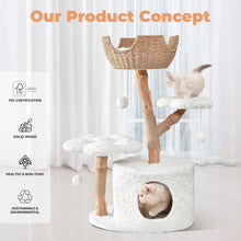Load image into Gallery viewer, Modern Cat Tree, Wood Cat Tree Tower for Large Cats, Luxury Cat Condo with Scratching Posts and Flower Platforms, Cat Furniture by Easyego, (Rabbit Hair - White)