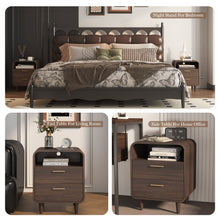 Load image into Gallery viewer, Easyego Mid-Century Modern Nightstand with Charging Station, Bedside Table w/2 Drawers and Open Shelves, Side Table and End Table for Bedroom and Living Room, Curved Design(Walnut)