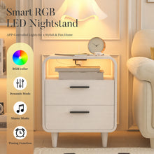 Load image into Gallery viewer, Easyego Mid-Century Modern Nightstand with Charging Station, Bedside Table w/ 2 Drawers and Open Shelves, Side Table and End Table for Bedroom and Living Room, Curved Design, LED Light(White)