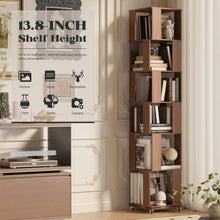 Load image into Gallery viewer, Easyego 6-Tier Wood Rotating Bookshelf with Wheels and 360° Swivel, Narrow Rotating Storage Bookcase Tower for Children and Adults, Spinning Bookshelf for bedrooms, and Living Rooms, Walnut