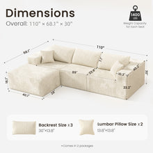 Load image into Gallery viewer, 110" Cloud Modular Sectional Combination Couch with Ottoman, Deep Seat L-Shaped Sofa with Oversized Lounge, Modern Corduroy Upholstered Memory Sponge Sofa for Bedroom, No Assembly (Cream White)