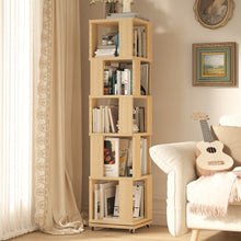 Load image into Gallery viewer, 5 Tier Solid Wood Rotating Bookshelf Tower on Wheels, 360° Upgrade Spinning Book Shelf, Revolving Bookcase Organizer, Swivel Bookshelves for Small Spaces, Corner, Bedroom, Kids Room, Office (Natural)