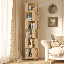 Load image into Gallery viewer, 6 Tier Solid Wood Rotating Bookshelf Tower on Wheels, 360° Upgrade Spinning Book Shelf, Revolving Bookcase Organizer, Swivel Bookshelves for Small Spaces, Corner, Bedroom, Kids Room, Office (Natural)
