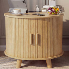 Cargar imagen en el visor de la galería, 24" Round End Table with Storage &amp; Charging Station, Fluted Design, sofa side table with sliding door, Mid-Century Modern Nightstand for Living Room, Bedroom, Natural
