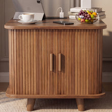 Cargar imagen en el visor de la galería, 24" Square End Table with Storage &amp; Charging Station, Fluted Design, sofa side table with sliding door, Mid-Century Modern Nightstand for Living Room, Bedroom, Walnut
