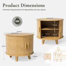 Cargar imagen en el visor de la galería, 24" Round End Table with Storage &amp; Charging Station, Fluted Design, sofa side table with sliding door, Mid-Century Modern Nightstand for Living Room, Bedroom, Natural

