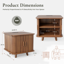 Cargar imagen en el visor de la galería, 24" Square End Table with Storage &amp; Charging Station, Fluted Design, sofa side table with sliding door, Mid-Century Modern Nightstand for Living Room, Bedroom, Walnut
