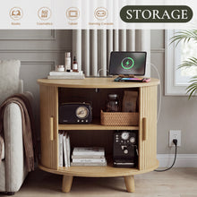 Cargar imagen en el visor de la galería, 24" Round End Table with Storage &amp; Charging Station, Fluted Design, sofa side table with sliding door, Mid-Century Modern Nightstand for Living Room, Bedroom, Natural
