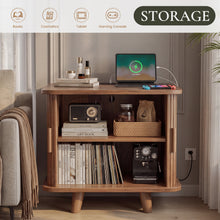 Cargar imagen en el visor de la galería, 24" Square End Table with Storage &amp; Charging Station, Fluted Design, sofa side table with sliding door, Mid-Century Modern Nightstand for Living Room, Bedroom, Walnut
