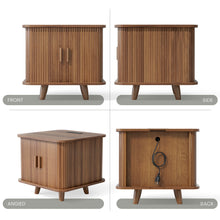 Cargar imagen en el visor de la galería, 24" Square End Table with Storage &amp; Charging Station, Fluted Design, sofa side table with sliding door, Mid-Century Modern Nightstand for Living Room, Bedroom, Walnut
