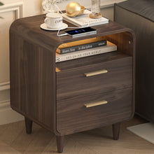 Cargar imagen en el visor de la galería, Easyego Mid-Century Modern Nightstand with Charging Station, Bedside Table w/ 2 Drawers and Open Shelves, Side Table and End Table for Bedroom and Living Room, Curved Design, LED Light(Dark Brown)
