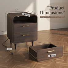 Cargar imagen en el visor de la galería, Easyego Mid-Century Modern Nightstand with Charging Station, Bedside Table w/ 2 Drawers and Open Shelves, Side Table and End Table for Bedroom and Living Room, Curved Design, LED Light(Dark Brown)
