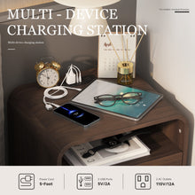 Cargar imagen en el visor de la galería, Easyego Mid-Century Modern Nightstand with Charging Station, Bedside Table w/ 2 Drawers and Open Shelves, Side Table and End Table for Bedroom and Living Room, Curved Design, LED Light(Dark Brown)
