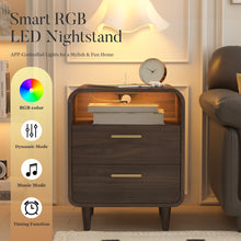 Cargar imagen en el visor de la galería, Easyego Mid-Century Modern Nightstand with Charging Station, Bedside Table w/ 2 Drawers and Open Shelves, Side Table and End Table for Bedroom and Living Room, Curved Design, LED Light(Dark Brown)
