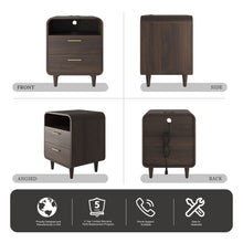 Cargar imagen en el visor de la galería, Easyego Mid-Century Modern Nightstand with Charging Station, Bedside Table w/ 2 Drawers and Open Shelves, Side Table and End Table for Bedroom and Living Room, Curved Design, LED Light(Dark Brown)
