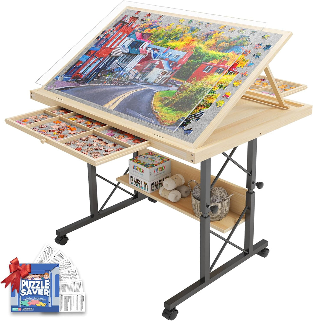 1500 Piece Jigsaw Puzzle Table with Legs for Adults, 5-Tilting-Angle & Height Adjustable Table with Draws, Wooden Puzzle Board with Extended Support Bar & 4 Wheels（Dark Grey）