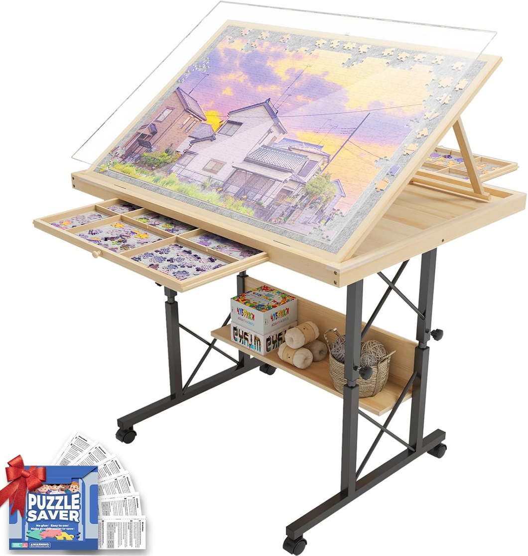 Easyego 1500 Piece Jigsaw Puzzle Table with Legs for Adults, Adjustable Puzzle Table with Draws, Wooden Puzzle Board with Extended Support Bar & 4 Wheels（Light Gray)