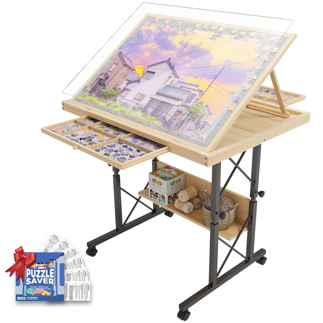 1500 Piece Jigsaw Puzzle Table with Legs for Adults, 5-Tilting-Angle & Height Adjustable Table, Drawers with Adjustable Dividers, Wooden Puzzle Board with Extended Support Bar & 4 Wheels