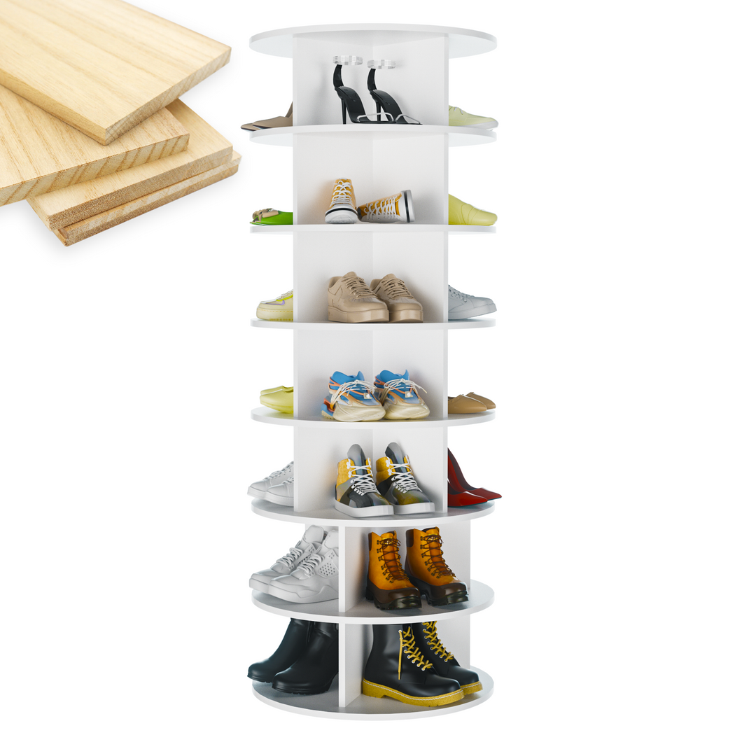 Wooden Rotating Shoe Rack Tower, 7-Tier Spinning Shoe Organizer, Free Standing 360° Revolving Lazy Susan Shoe Rack for Entryway, Fits 26 Pairs of Shoes, White