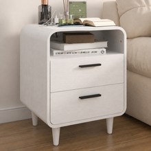 Charger l'image dans la galerie, Easyego Mid-Century Modern Nightstand with Charging Station, Bedside Table w/ 2 Drawers and Open Shelves, Side Table and End Table for Bedroom and Living Room, Curved Design, LED Light(White)
