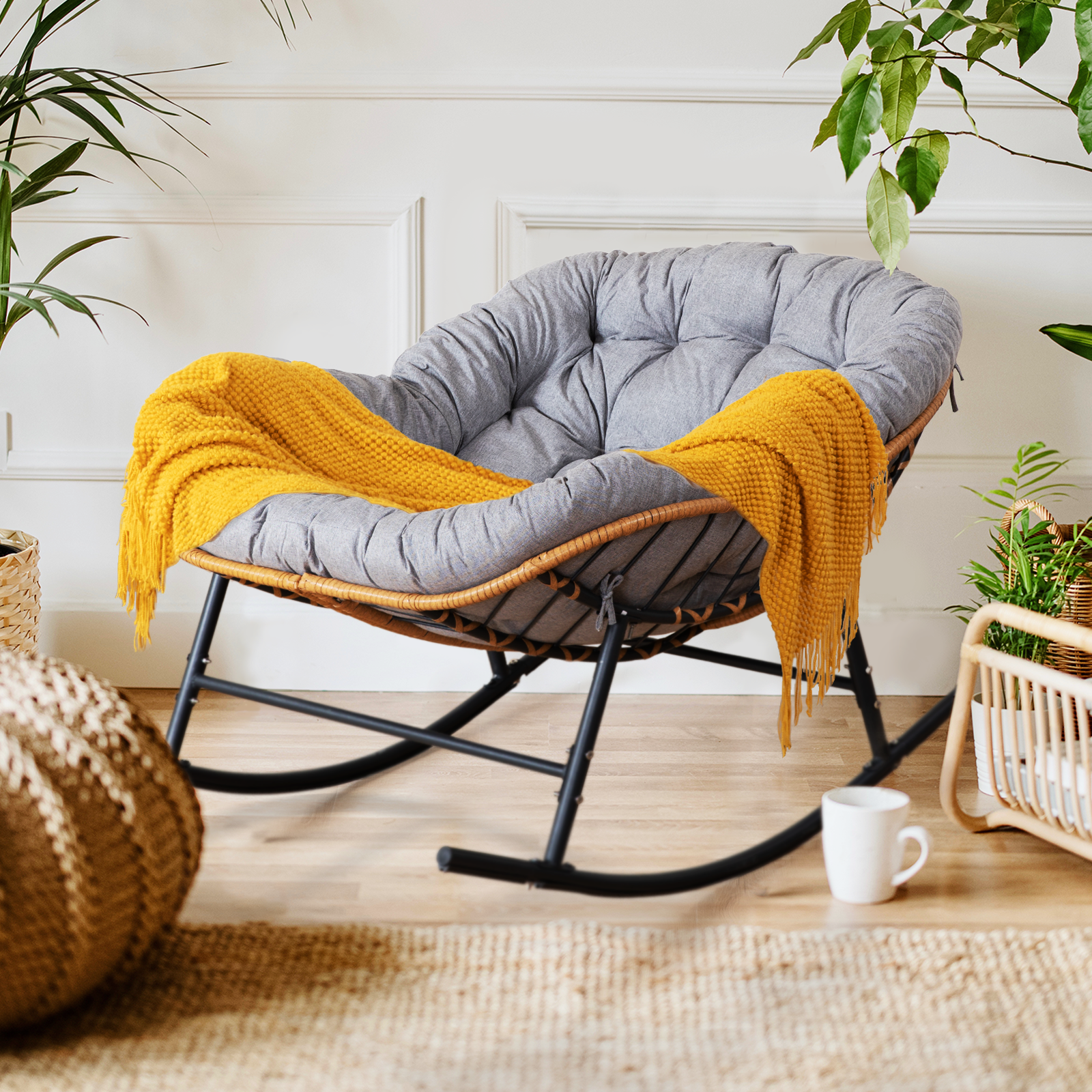 Outdoor Rocking Chair, Patio Furniture with Thick Cushion, PE Rattan, Indoor Papasan Egg Lounge, 450lbs Capacity for Bedroom, Living Room, Lawn,, image size:1600x1600
