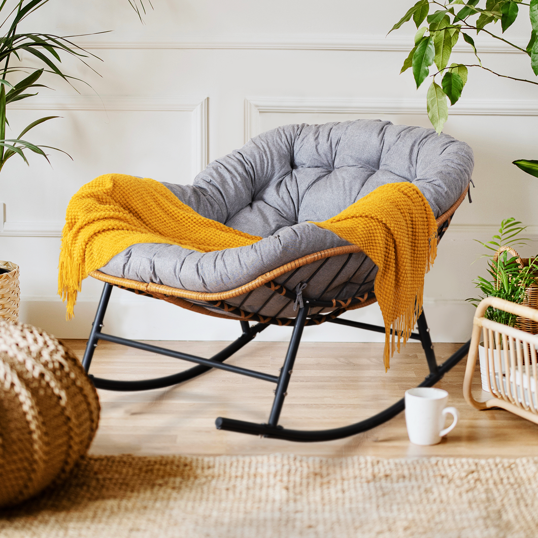 Outdoor Rocking Chair, Patio Furniture with Thick Cushion, PE Rattan, Indoor Papasan Egg Lounge, 450LBS Capacity for Bedroom, Living Room, Lawn, Balcony, Porch, Garden