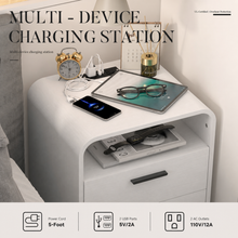 Charger l'image dans la galerie, Easyego Mid-Century Modern Nightstand with Charging Station, Bedside Table w/ 2 Drawers and Open Shelves, Side Table and End Table for Bedroom and Living Room, Curved Design, LED Light(White)
