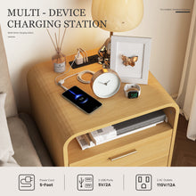 Cargar imagen en el visor de la galería, Easyego Mid-Century Modern Nightstand with Charging Station, Bedside Table w/ 2 Drawers and Open Shelves, Side Table and End Table for Bedroom and Living Room, Curved Design, LED Light(Natural)
