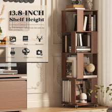 Load image into Gallery viewer, Easyego 4-Tier Wood Rotating Bookshelf with Wheels and 360° Swivel, Narrow Rotating Storage Bookcase Tower for Children and Adults, Spinning Bookshelf for bedrooms, and Living Rooms, Walnut
