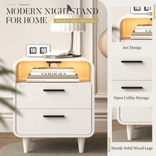 Charger l'image dans la galerie, Easyego Mid-Century Modern Nightstand with Charging Station, Bedside Table w/ 2 Drawers and Open Shelves, Side Table and End Table for Bedroom and Living Room, Curved Design, LED Light(White)
