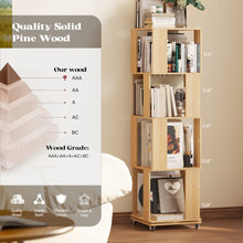 Load image into Gallery viewer, 4 Tier Solid Wood Rotating Bookshelf Tower on Wheels, 360° Upgrade Spinning Book Shelf, Revolving Bookcase Organizer, Swivel Bookshelves for Small Spaces, Corner, Bedroom, Kids Room, Office (Natural)
