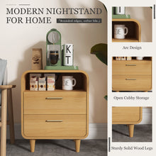 Cargar imagen en el visor de la galería, Easyego Mid-Century Modern Nightstand with Charging Station, Bedside Table w/ 2 Drawers and Open Shelves, Side Table and End Table for Bedroom and Living Room, Curved Design, LED Light(Natural)

