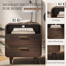 Load image into Gallery viewer, Easyego Mid-Century Modern Nightstand with Charging Station, Bedside Table w/2 Drawers and Open Shelves, Side Table and End Table for Bedroom and Living Room, Curved Design(Walnut)
