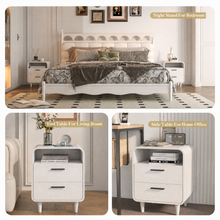 Charger l'image dans la galerie, Easyego Mid-Century Modern Nightstand with Charging Station, Bedside Table w/ 2 Drawers and Open Shelves, Side Table and End Table for Bedroom and Living Room, Curved Design, LED Light(White)

