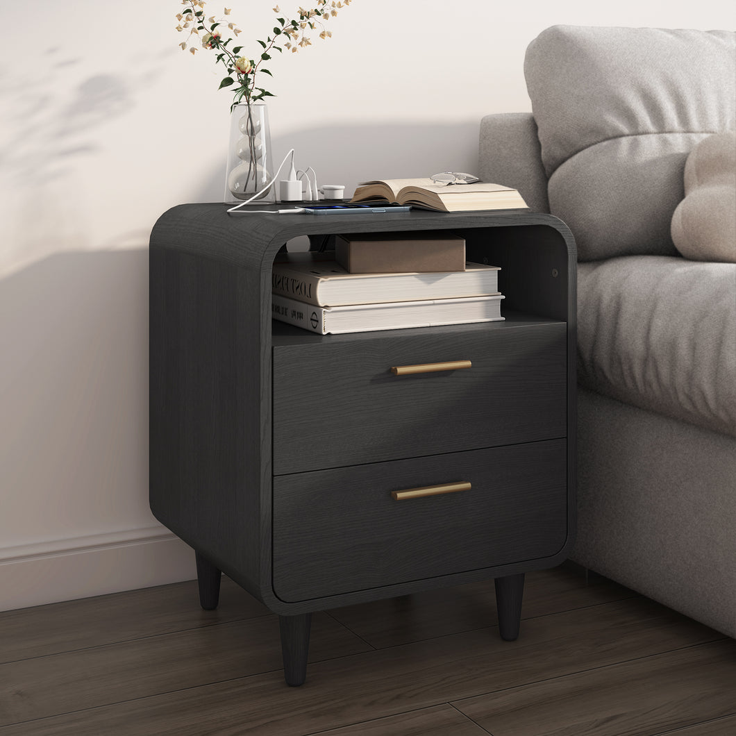 Easyego Mid-Century Modern Nightstand with Charging Station, Bedside Table w/2 Drawers and Open Shelves, Side Table and End Table for Bedroom and Living Room, Curved Design(Black)
