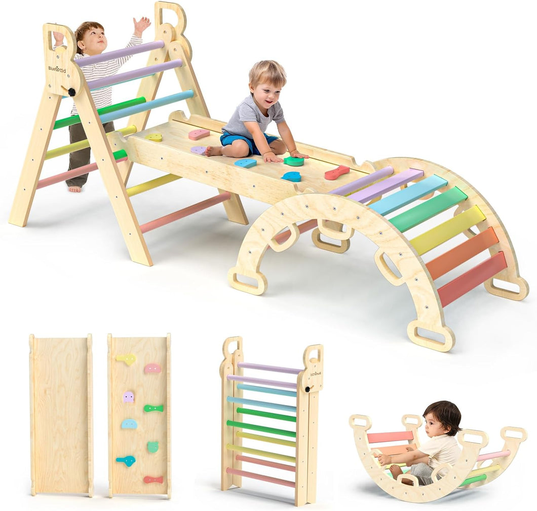 Pikler Triangle Set 7in1 Foldable Baby Climbing Toys Wooden Montessori Climbing Set with Arch&Ramp&Ladder Baby Climber Indoor Jungle Gyms for Toddlers Montessori Toys - Rainbow