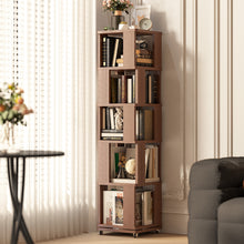 Load image into Gallery viewer, 5 Tier Solid Wood Rotating Bookshelf Tower on Wheels, 360° Upgrade Spinning Book Shelf, Revolving Bookcase Organizer, Swivel Bookshelves for Small Spaces, Corner, Bedroom, Kids Room, Office (Walnut)
