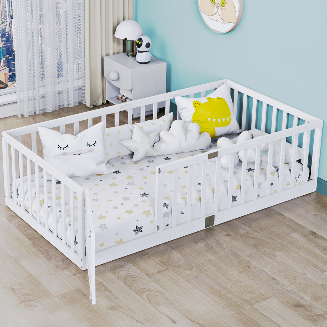 Twin Size Floor Bed for Kids Wooden Toddler Floor Bed Frame Safe Comfortable Baby Floor Bed for Children（White, Black, Natural），40.9